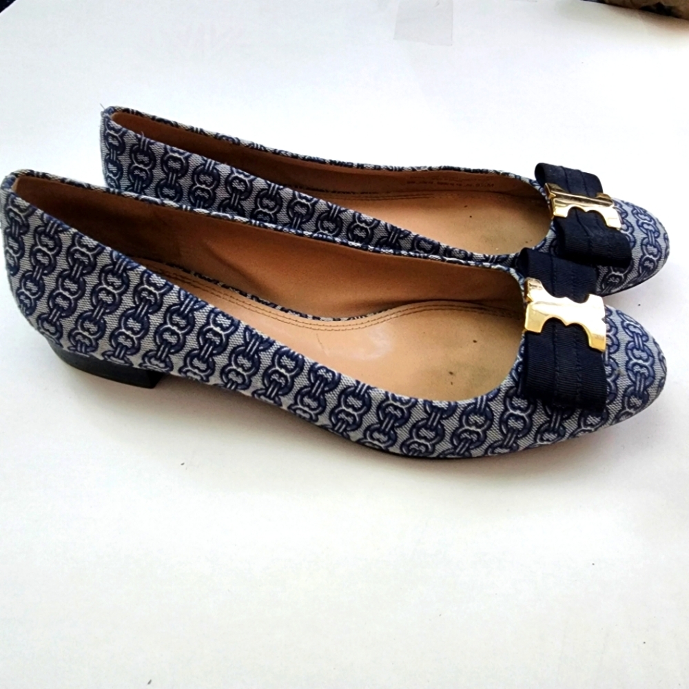 TORY BURCH Navy Blue Gemini Chain Link Leather Comfort Loafers Size 9.5M Flats